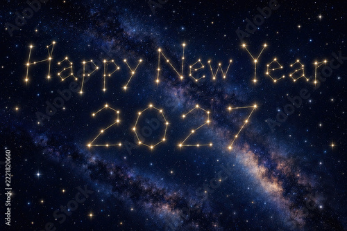 Happy New Year 2027 inscription formed by connecting bright stars in the night sky as a constellation against the background of the Milky Way galaxy.
