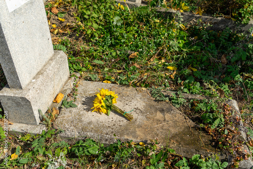 Fotografie Small Bouquet of Yellow Flowers Lying on Weathered Stone Grave in Old Cemetery D