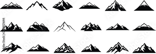 Mountain silhouette icon set showcasing various peak shapes for outdoor adventure branding