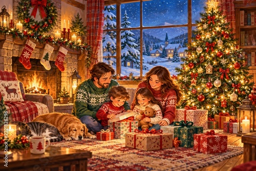 Cozy family Christmas illustration with glowing tree and wrapped presents