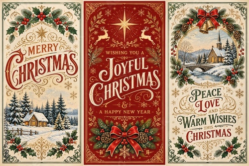 Vintage Christmas card collection with ornate lettering and winter motifs