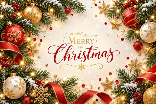 Christmas greeting framed by fir branches, baubles and golden snowflakes