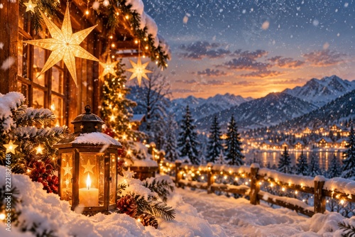 Glowing Christmas star lights and lantern overlooking a snowy mountain village