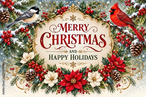 Ornate Christmas greeting with winter birds, holly berries and floral frame