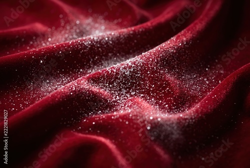 Enchanting crimson velvet textile, sumptuously draped with sparkling allure