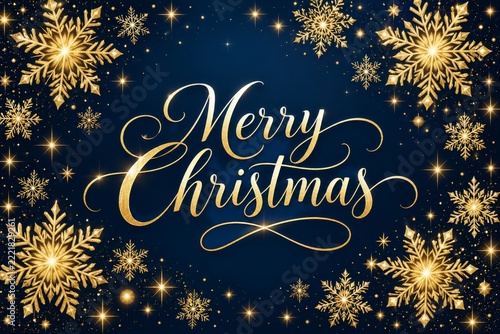 Elegant golden snowflakes and Christmas calligraphy on a midnight blue card