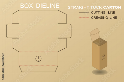Straight tuck carton box dieline template scheme with creasing line cutting line and mockup.