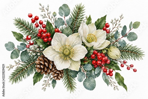 Watercolor winter bouquet with ivory flowers, fir foliage and red berries
