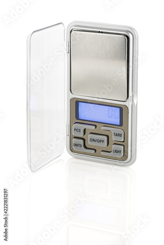 Digital pocket scale isolated on white background. High precision electronic jewelry scale.