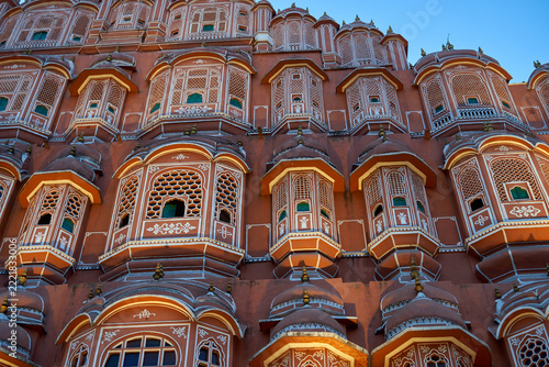 Sticker Close-up view of the ornate facade of Hawa Mahal (Palace of Winds) in Jaipur, Rajasthan, India