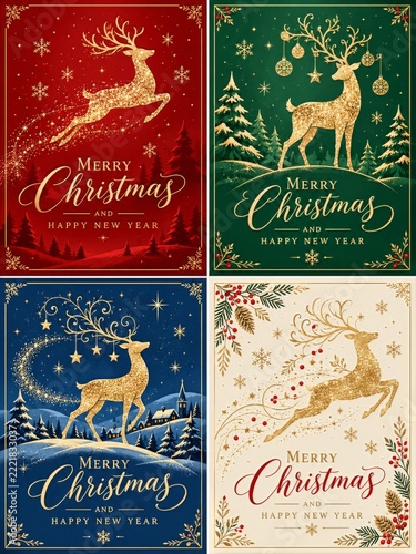 Elegant Christmas greeting card collection with glittering golden reindeer