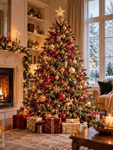 Decorated Christmas tree with warm lights and gifts in an elegant room