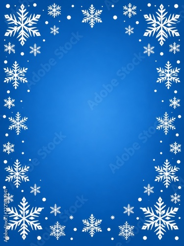 Blue Christmas greeting card background framed by white snowflakes