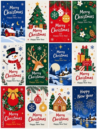 Colorful Christmas greeting card set with trees, ornaments and winter scenes