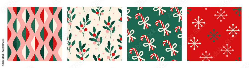 Fototapeta premium Seamless Christmas pattern set with geometric shapes, holly berries, candy canes, festive bows and snowflakes. Flat vector illustrations for wrapping paper, fabric, textiles, stationery and seasonal