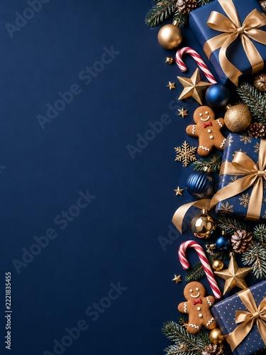 Blue Gifts Gold Ribbons and Festive Ornaments along a Navy Background