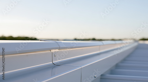 Modern metal roof construction detail with white steel panels and fasteners, captured in a clean commercial building exterior perspective