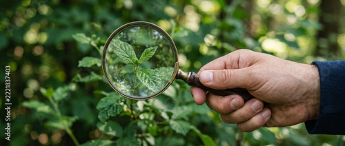 Hand holding magnifying glass examining green plant leaves in lush foliage background detail exploration