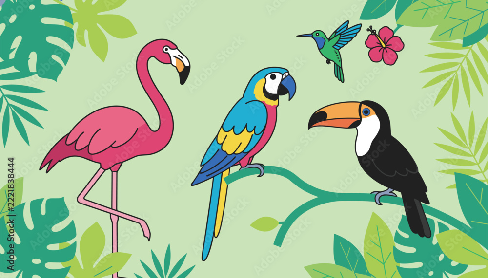 Fototapeta premium Exotic tropical birds featuring a flamingo a macaw a toucan and a hummingbird among green jungle leaves.