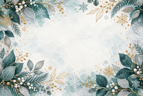 Teal Botanical Leaves and Snowflakes Framing a Pale Watercolor Background