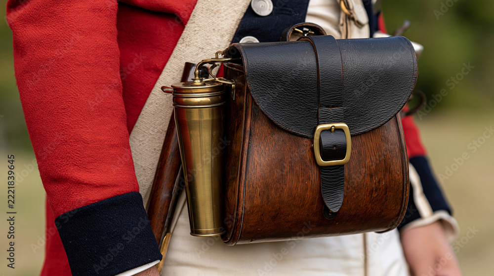 Naklejka premium Close-up of an antique powder horn and cartridge box, Napoleonic-era soldier equipment concept, with copy space