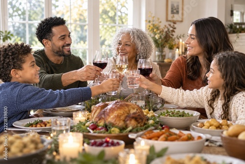 Smiling Family Raising Glasses around a Festive Dinner Table by a Window