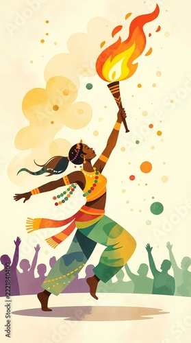 Festive Black woman running with flaming torch in Mardi Gras parade. Joyful carnival celebration with cheering crowd. Vector illustration for holiday event
