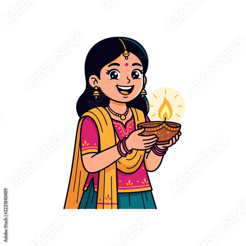Happy Girl Holding Traditional Diya Oil Lamp Celebrating Diwali Festival Cartoon Illustration