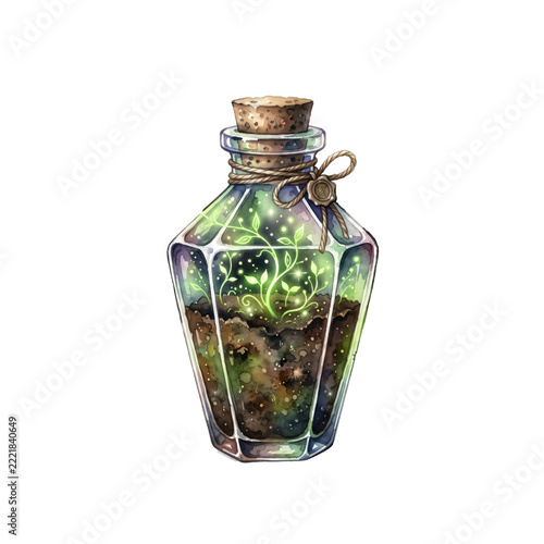 Halloween magic potion bottle with glowing plants isolated on
