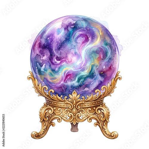 Halloween crystal ball with galaxy nebula inside on ornate gold stand