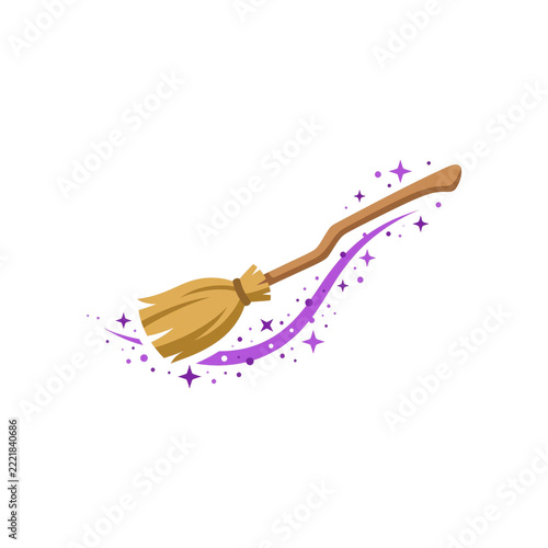 Halloween witch broomstick with magical purple sparkles isolated