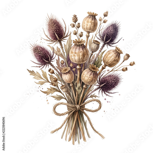 Halloween dried flower bouquet with poppy pods and purple thistle