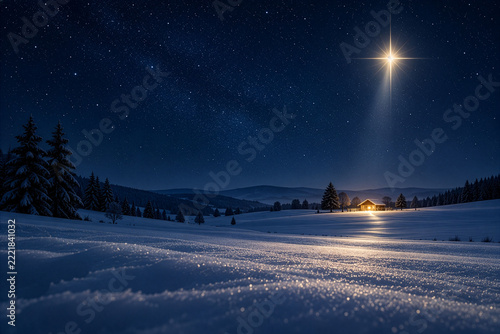Guiding Star Above a Snowy Winter Landscape as a Symbol of Hope, Advent and Christmas
