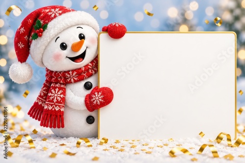 Cheerful Snowman in Red Hat and Mittens Peeking around a Blank Festive Sign