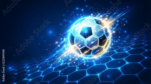 Soccer ball blazing with sparks across illuminated hexagon surface