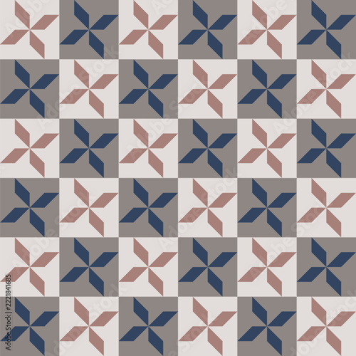 Seamless windmill pattern created from small blush parallelograms in pale grey  squares and small dark blue-grey parallelograms in grey squares