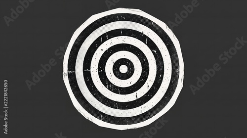 Grungy concentric circles target design featuring distressed halftone textures and monochrome aesthetics on textured paper background for creative graphic design projects
