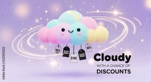 Cute smiling pastel cloud character with hanging price tags. Cloudy with chance of discounts text. Black Friday retail sale promotion banner