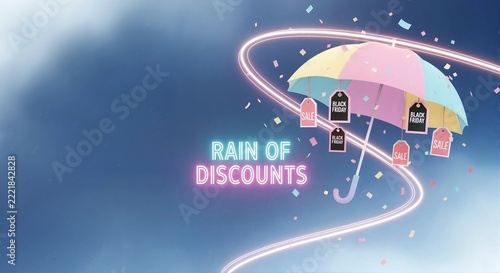 Rain of discounts neon text with pastel umbrella and black friday sale tags. Autumn shopping promotion banner with copy space. Retail marketing background