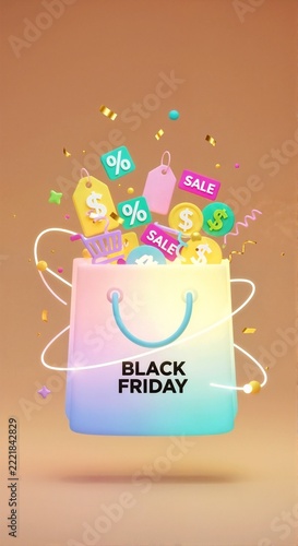 Black Friday shopping bag with colorful discount icons. Pastel gradient retail bag with sale tags and coins. E-commerce promotion and holiday shopping season banner