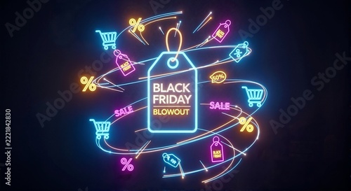 Neon Black Friday blowout sale sign on dark background. Glowing price tag with shopping cart and discount percentage icons. Retro futuristic retail promotion banner