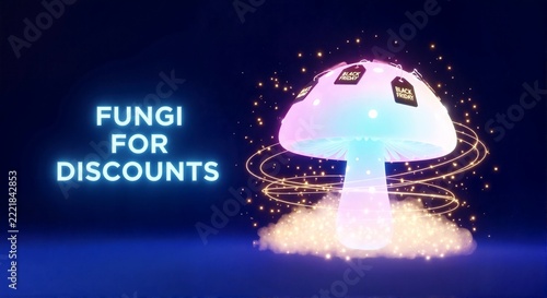 Glowing neon mushroom with black friday discount tags. Fungi for discounts text on dark blue background. Whimsical retail sale promotion banner