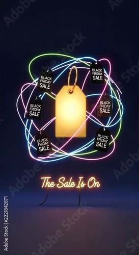 Glowing golden price tag with black friday sale labels and neon lights. Sale is on neon sign on dark background. Retail promotion and shopping discount banner