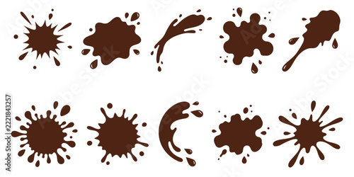 Collection of various dark chocolate or coffee splashes and liquid stains isolated on white background