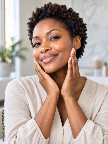 Happy adult woman gently touching her face in a bright skincare portrait