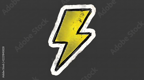 Bright yellow lightning bolt sticker with torn paper edges and halftone dots texture isolated on dark grey background for creative graphic design projects
