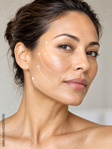 Beauty portrait with curved lifting lines along cheek and jaw