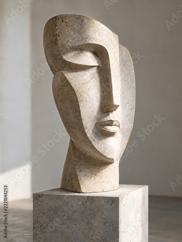 Minimal abstract stone face sculpture displayed on a neutral pedestal