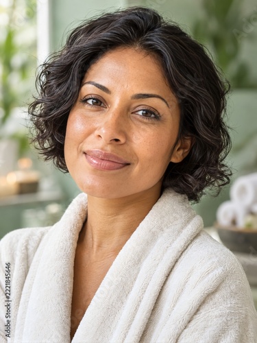 Fresh skincare beauty portrait of woman with a soft curly bob in a spa robe