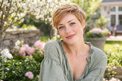 Natural beauty portrait of short haired woman in bright spring garden light
